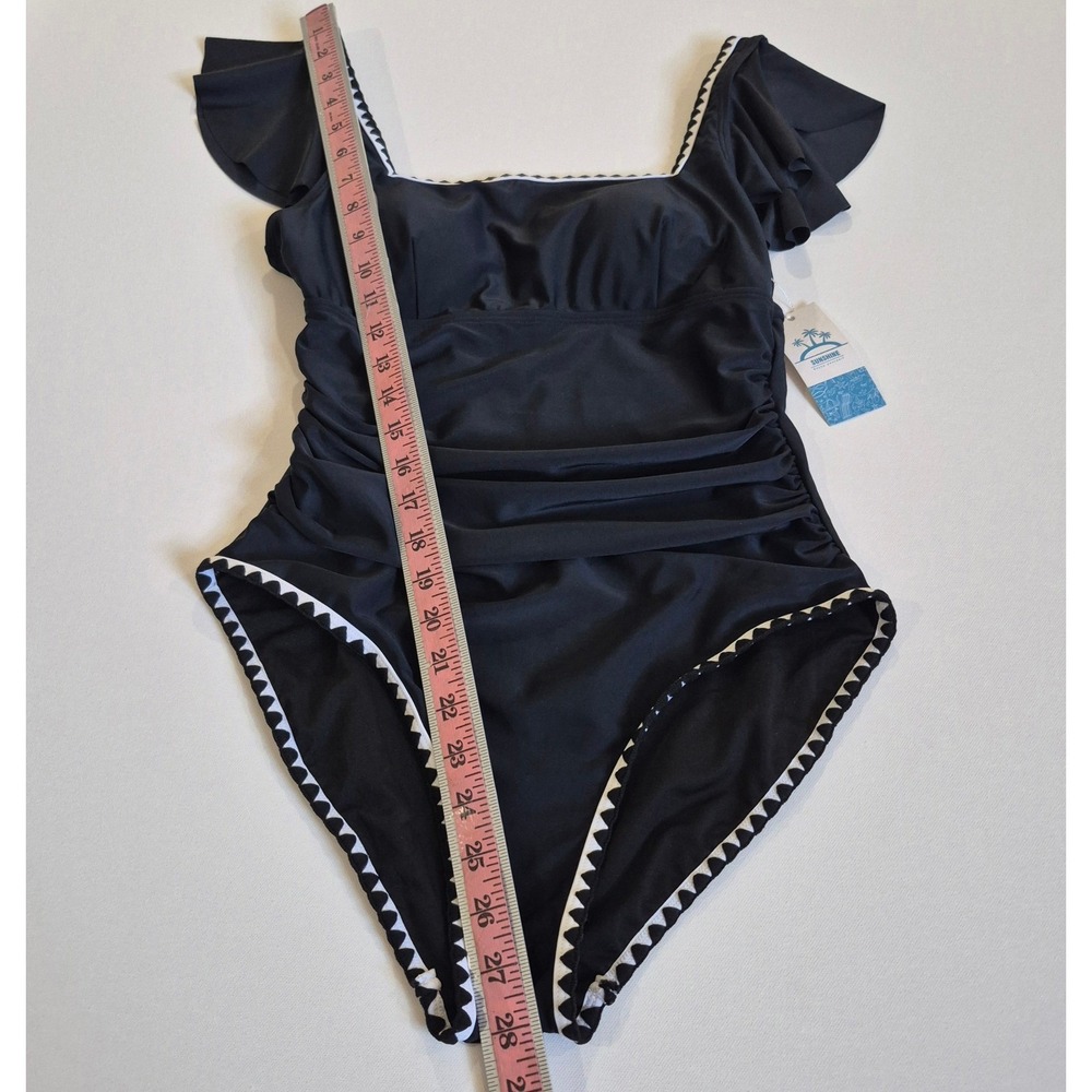 Sunshine One Piece Tummy Control Swimsuit Black Rickrack Ruffle Sleeve Ruching - Picture 4 of 9